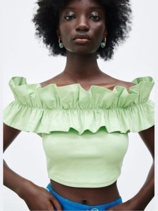 Zara Tops - NWT Zara Light Green Off-Shoulder Ruffle Crop Top Size Small